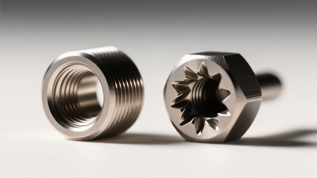 Macro comparison of an externally threaded post and an internally threaded titanium labret, highlighting smooth and jagged threads.