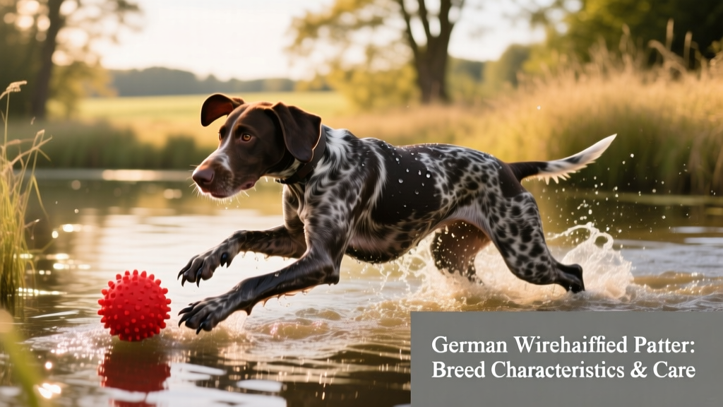 German Wirehaired Pointer retrieving a toy from shallow water, highlighting webbed feet and water-resistant coat