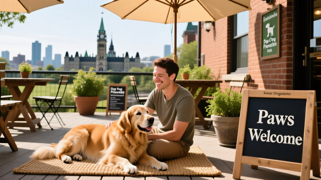 A relaxed dog and their human enjoying a sunny patio at a dog-friendly restaurant in Ottawa