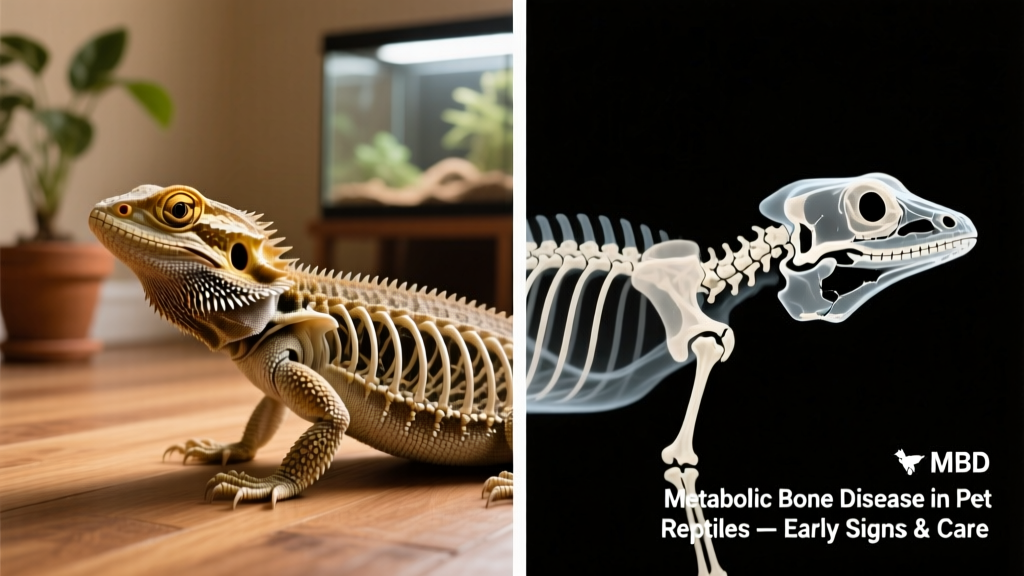 Side-by-side X-ray comparison: healthy reptile bone density vs. demineralized, thin bones in advanced MBD
