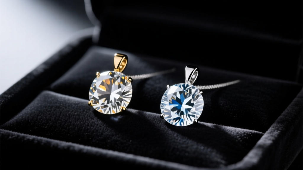 Natural and lab-grown diamond pendants resting side-by-side on a dark velvet jewelry tray with soft directional spotlighting.