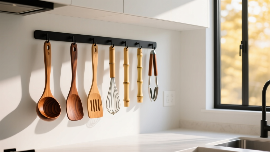Assortment of bamboo and teak cooking utensils hanging on a magnetic strip in a modern bright kitchen with natural sunlight