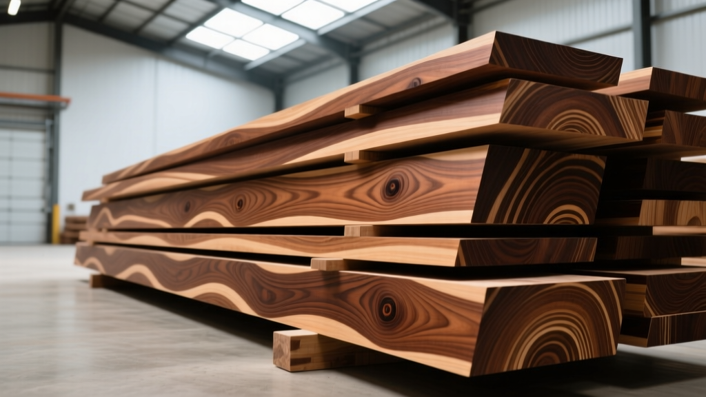 Close-up of stacked FAS-grade Ipe and Cumaru exotic wood lumber boards showing tight grain patterns and rich brown hues in a well-lit warehouse.