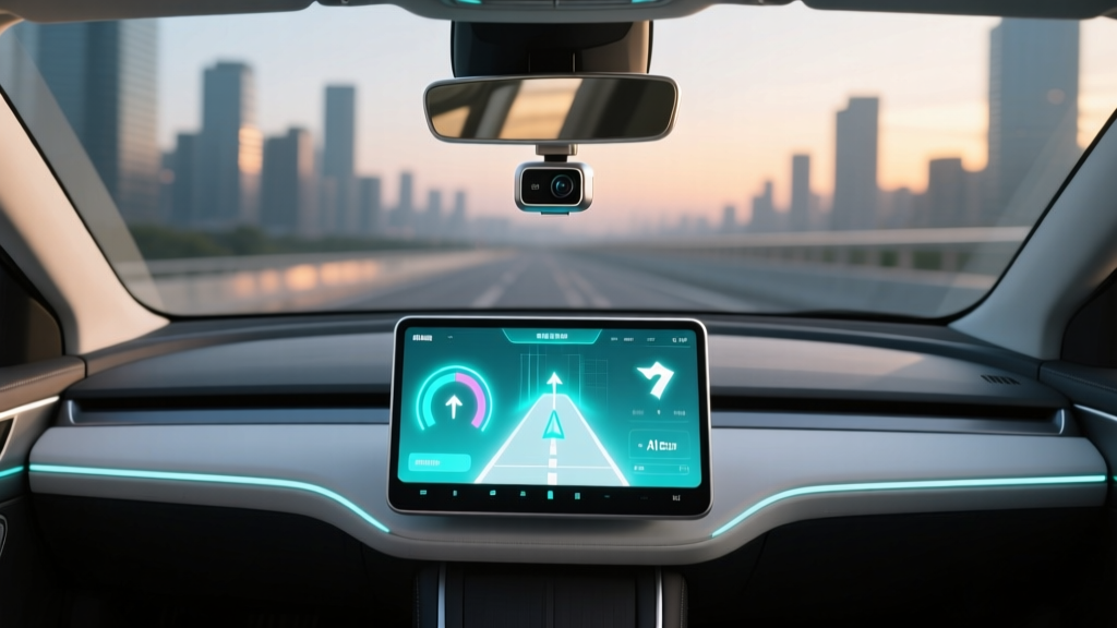 Modern car dashboard featuring a glowing holographic AR heads-up display and an AI dash cam mounted near the rearview mirror.