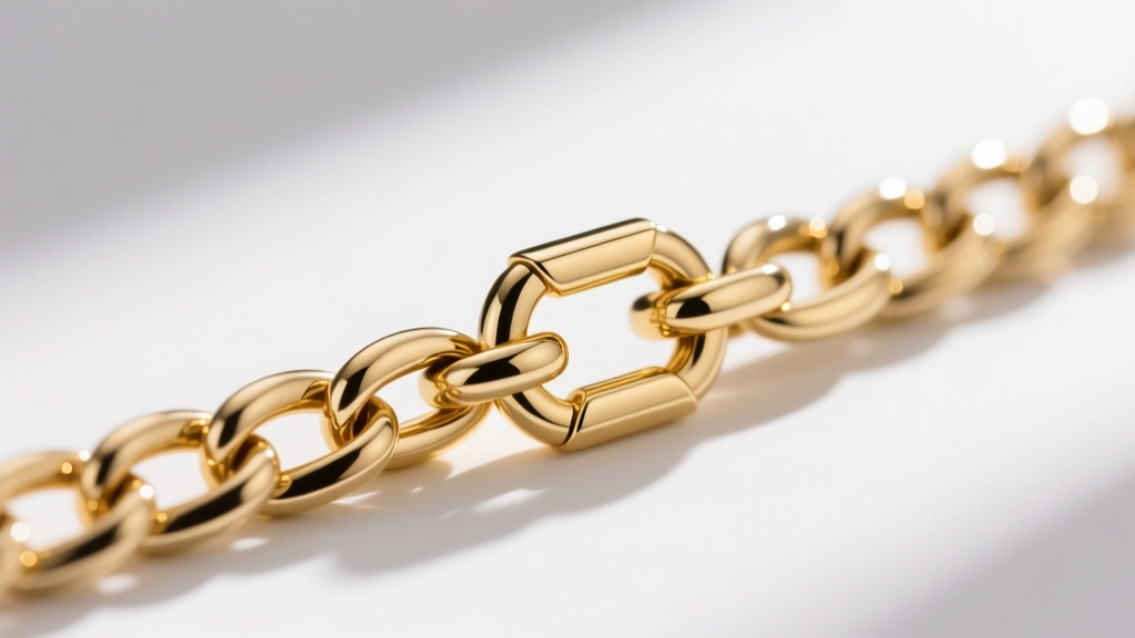 Macro shot of an 18-gauge 14k solid gold box chain attached to a lobster clasp showing precise link construction.