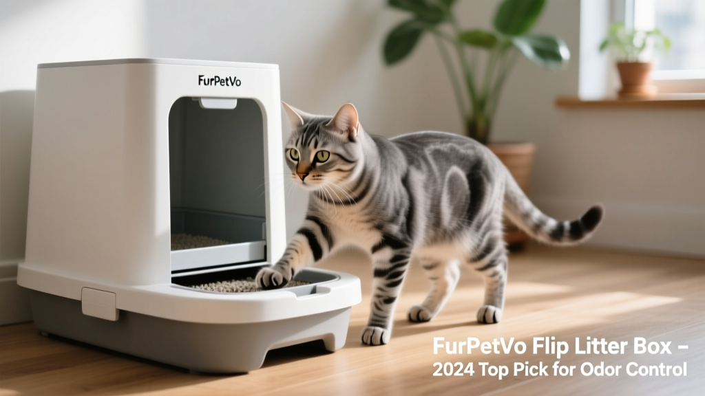 Close-up of a cat using the FurPetVo Flip Litter Box, highlighting its tall rear wall and smooth flip lid