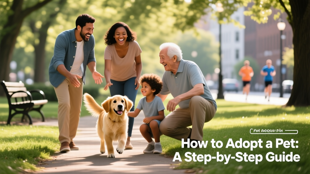 A joyful family meeting their newly adopted dog at a sunny park