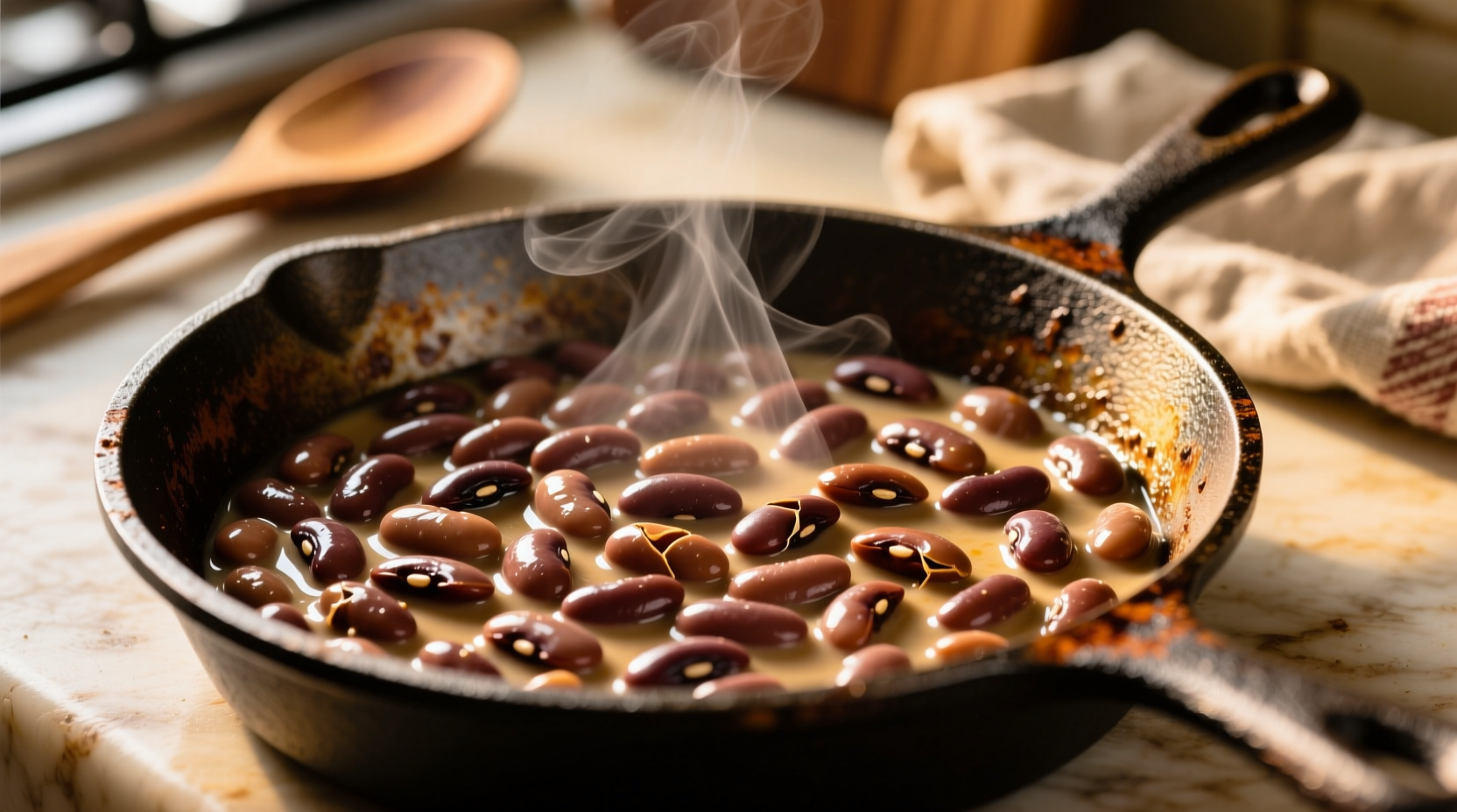 Perfectly cooked pinto beans in cast iron skillet