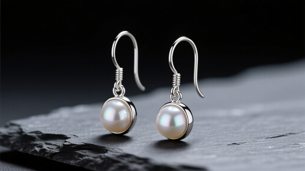 Macro photography of polished sterling silver pearl dangle earrings with French wire hooks, resting on dark slate, studio lighting