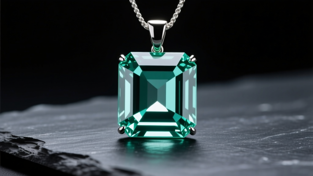 Emerald cut aquamarine pendant on dark slate, showing step-cut facets and crisp rectangular geometry under soft studio lighting