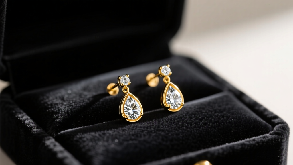 Close-up of elegant 18k yellow gold dainty drop earrings featuring tiny pear-cut diamonds, resting on a dark velvet jewelry box.