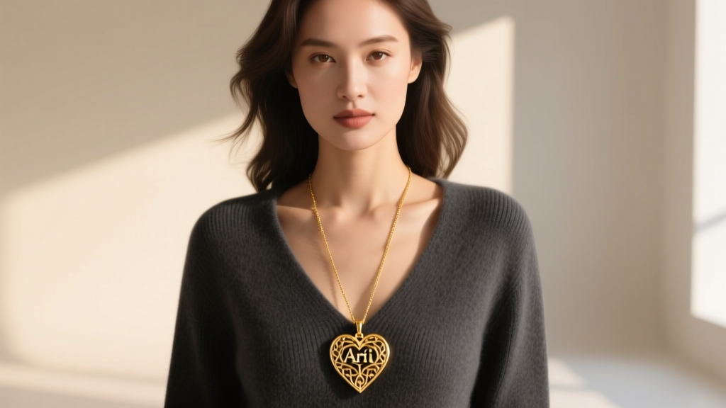 Woman wearing an Ari heart gold pendant over a deep V-neck cashmere sweater, showcasing the 16-inch drop and warm gold tones.