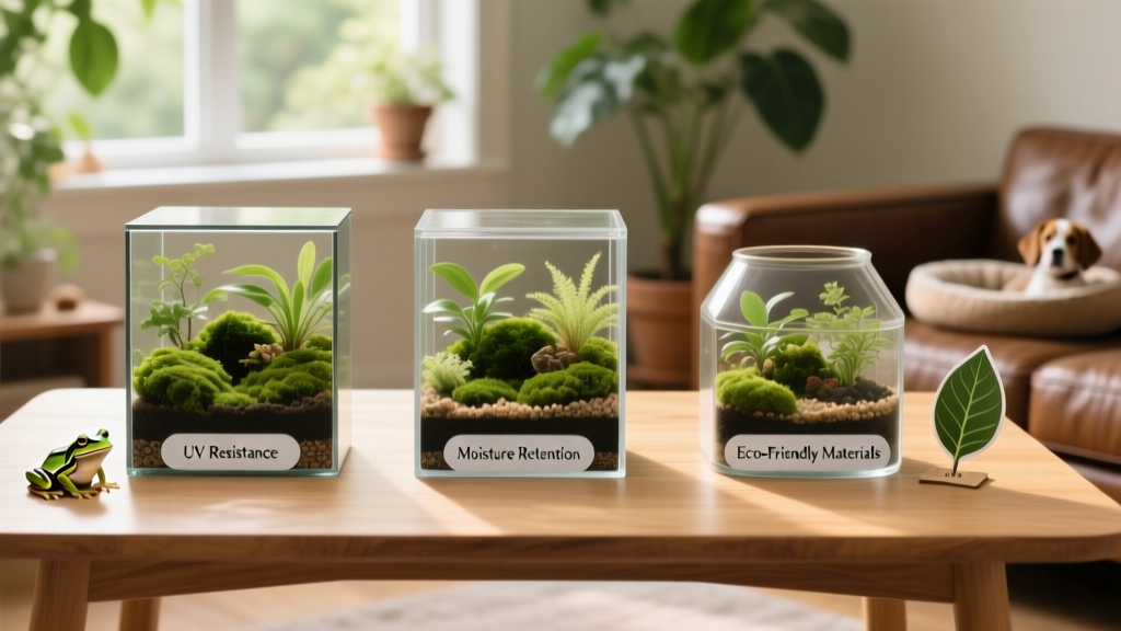 Side-by-side comparison of three terrarium types: glass, acrylic, and PVC, labeled with key features