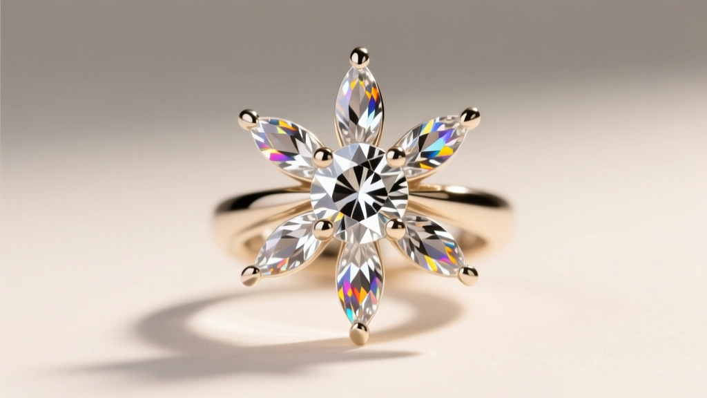 Macro shot of a six-point north star earring in 14k white gold featuring marquise lab diamonds radiating from a round center