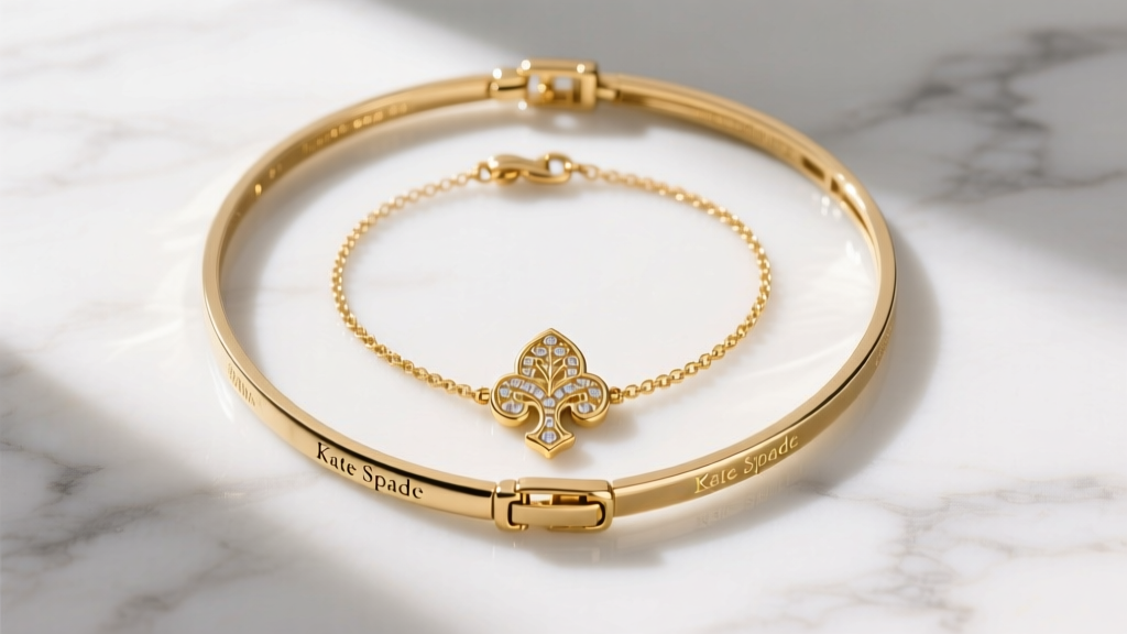 Three gold Kate Spade necklaces arranged by length on white marble, showing clasp details and a heritage spade pendant from above