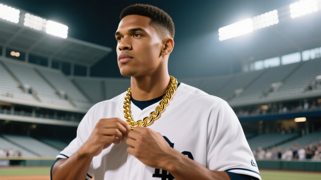 Baseball player in a white uniform adjusting a 4mm solid gold Cuban link necklace on his collarbone under bright stadium lights