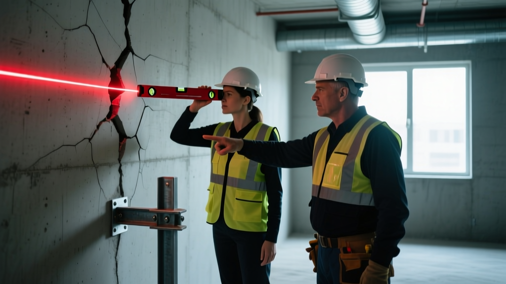 Structural engineer inspecting a cracked concrete basement wall with a laser level while a contractor points to a steel push pier bracket