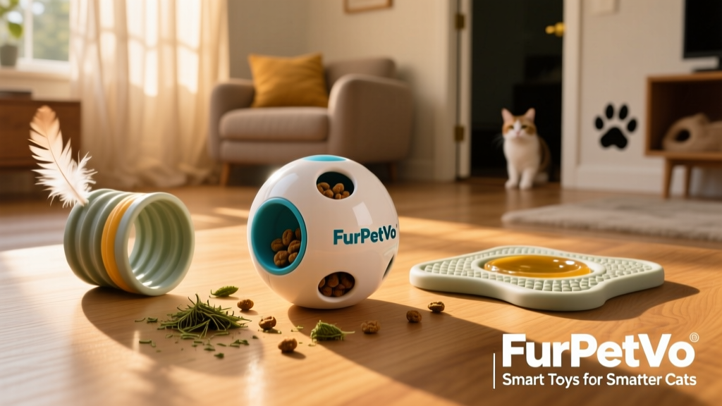 A group of FurPetVo-branded interactive cat toys including a treat-dispensing puzzle ball, a rotating tunnel with dangling feathers, and a silicone lick mat