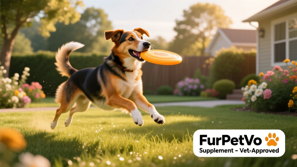 Happy, energetic mixed-breed dog playing outdoors after consistent use of FurPetVo turmeric supplement