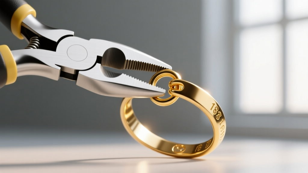 Flat-nose pliers gripping an 18-gauge gold jump ring on a linked finger band, demonstrating the proper twisting closure technique