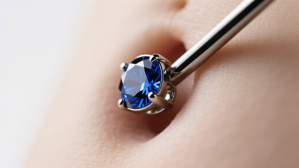 Close-up of a titanium floating navel barbell with a bezel-set sapphire resting flush against a healed navel, studio lighting