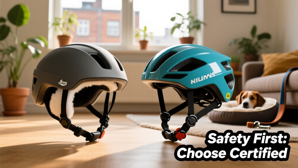 Side-by-side comparison showing a bike helmet and a certified riding helmet, highlighting structural differences