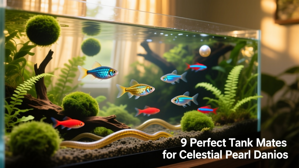A lush, planted aquarium with celestial pearl danios swimming peacefully among neon tetras and kuhli loaches
