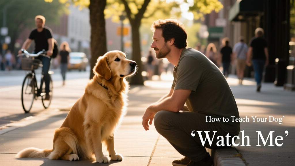 Dog sitting calmly beside owner on a sidewalk, looking directly into their eyes while ignoring passing pedestrians