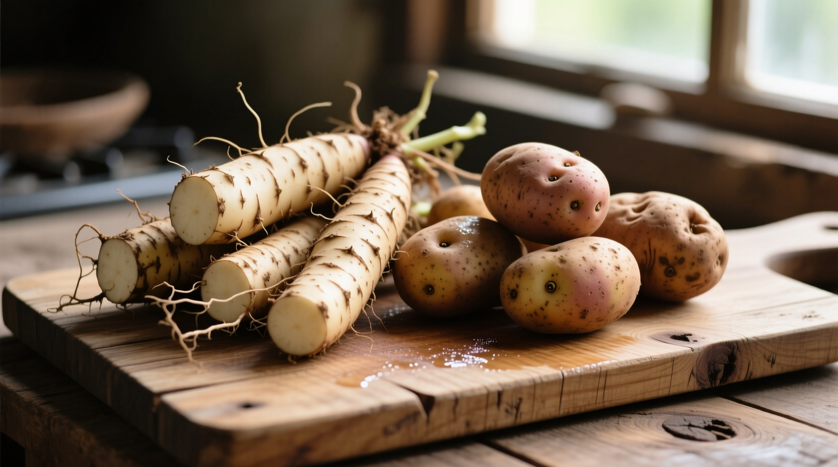 Fresh yuca roots next to russet potatoes on wooden cutting board