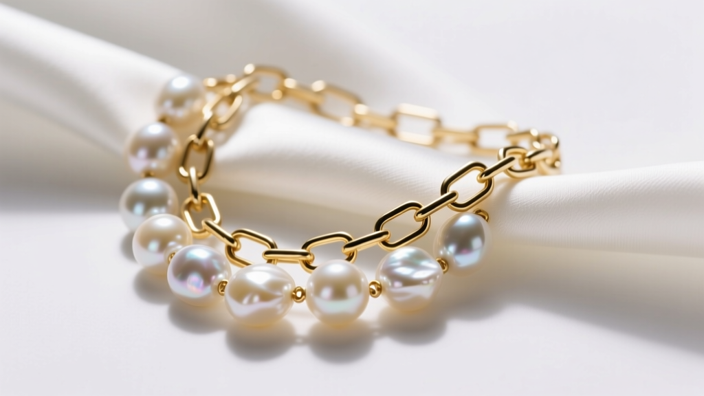 Macro photo of an 18k gold vermeil paperclip chain interlocking with irregular baroque freshwater pearls draped over white silk