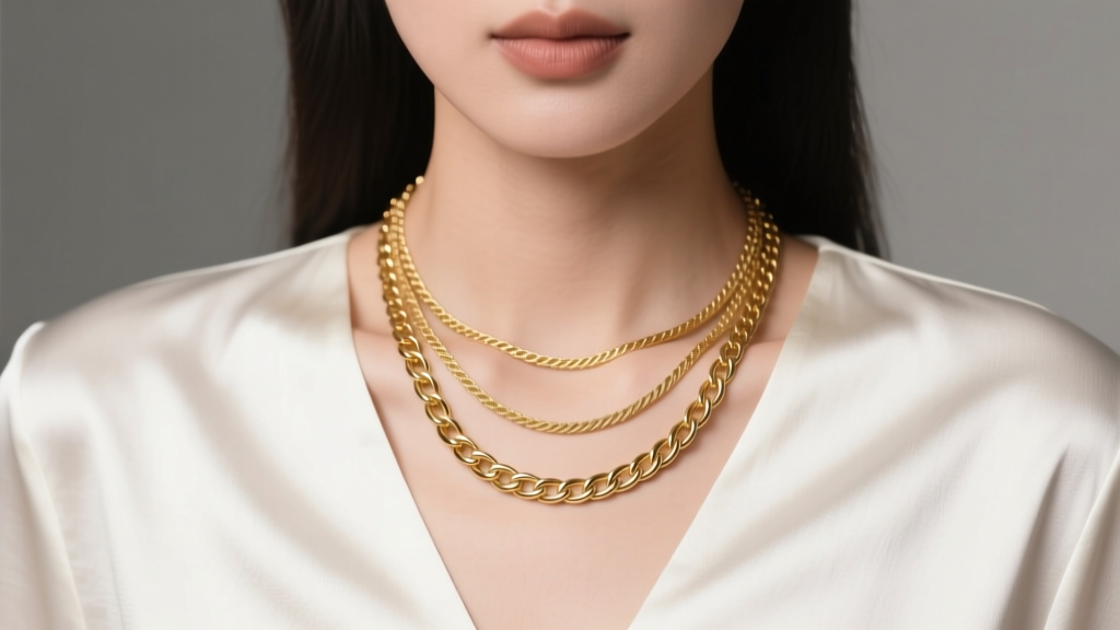 Close-up of a woman wearing a 3 chain necklace in 14k gold, layering delicate cable and curb chains over a crisp white silk blouse