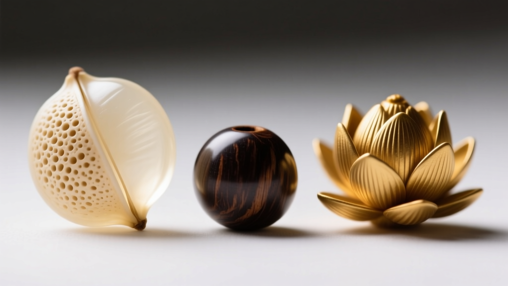 Macro view of a pale Bodhi seed, dark Agarwood bead, and golden Lotus seed, highlighting surface pores and natural grain.