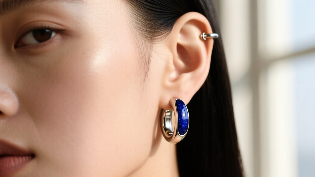 16-gauge titanium cartilage hoop with deep blueberry enamel inlay on a model