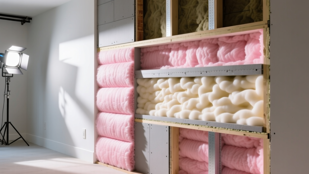 Cross-section of a residential wall showing pink fiberglass batts, rigid foam boards, and spray foam insulation layers under bright work lights