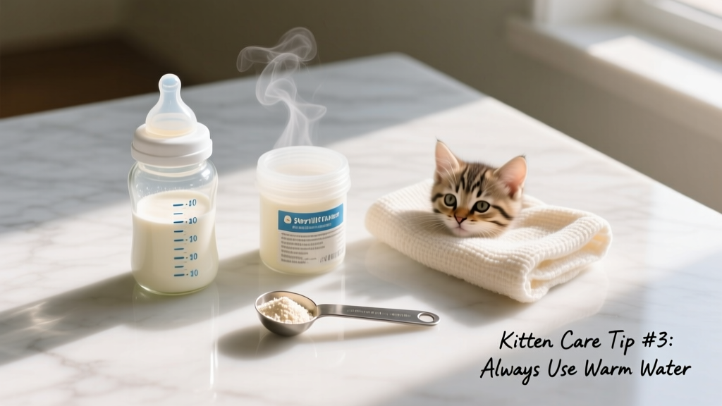 Sterilized kitten bottle, milk replacer powder, measuring scoop, and warm washcloth laid out neatly on a clean surface