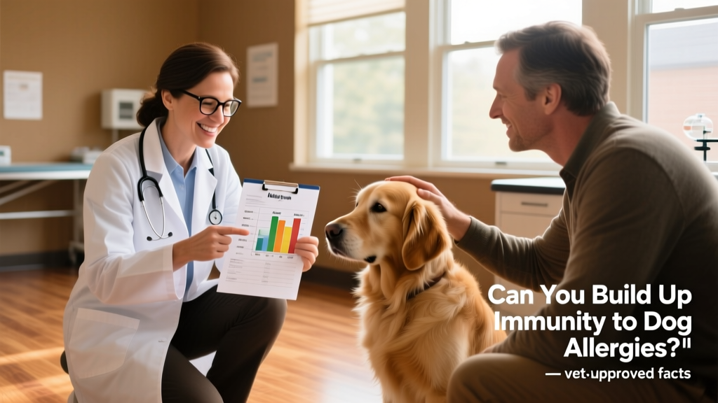 Veterinarian reviewing allergy test results with a client and their dog in a calm clinic setting