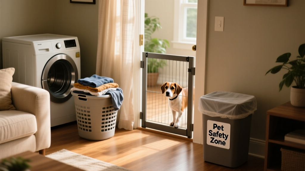 Well-organized living room with closed laundry hamper, covered trash bin, and pet gate installed at doorway