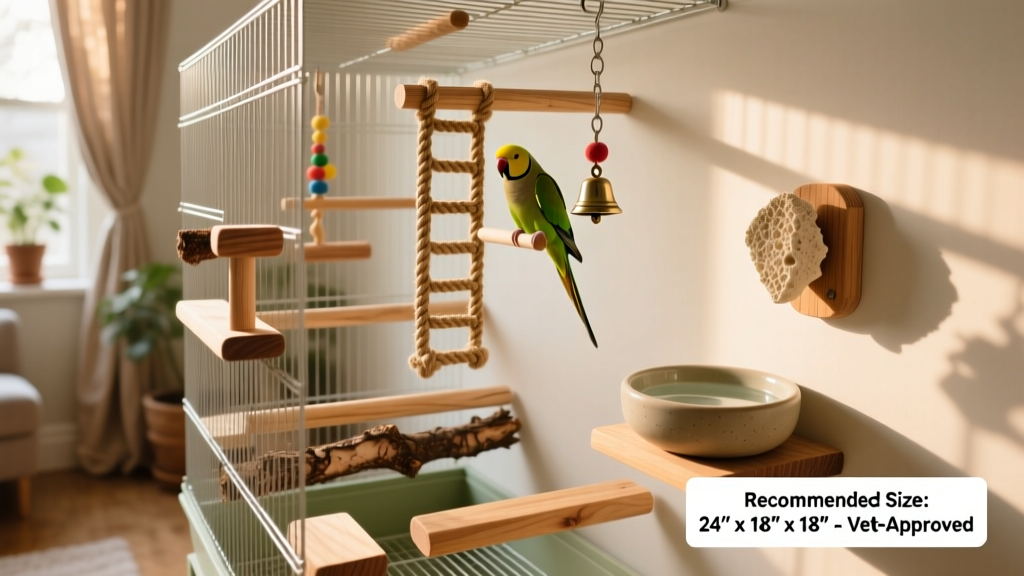A well-set-up parakeet cage featuring natural perches, hanging toys, a shallow water dish, and a cuttlebone mounted on the side