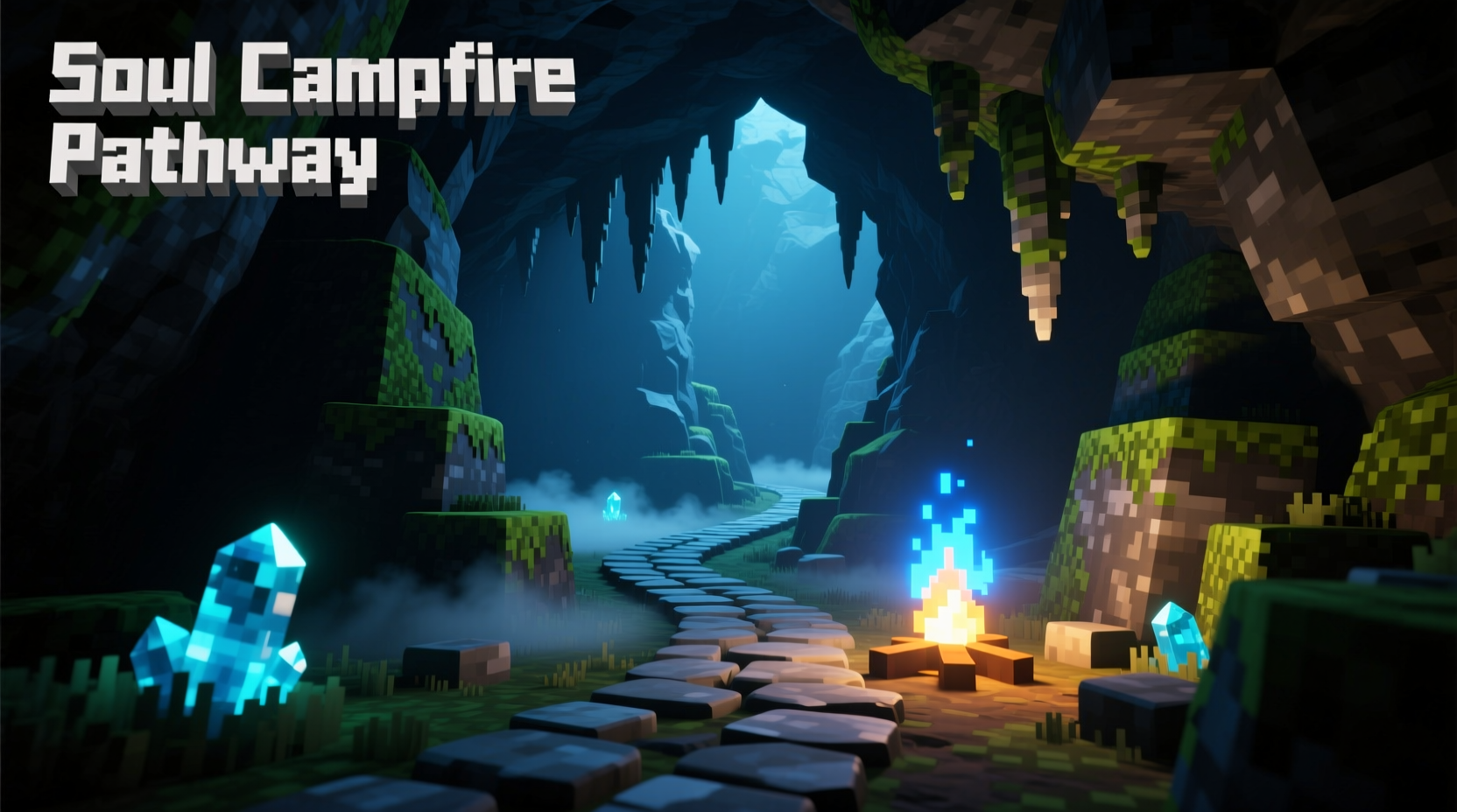 Soul campfire lighting pathway in Minecraft cave system