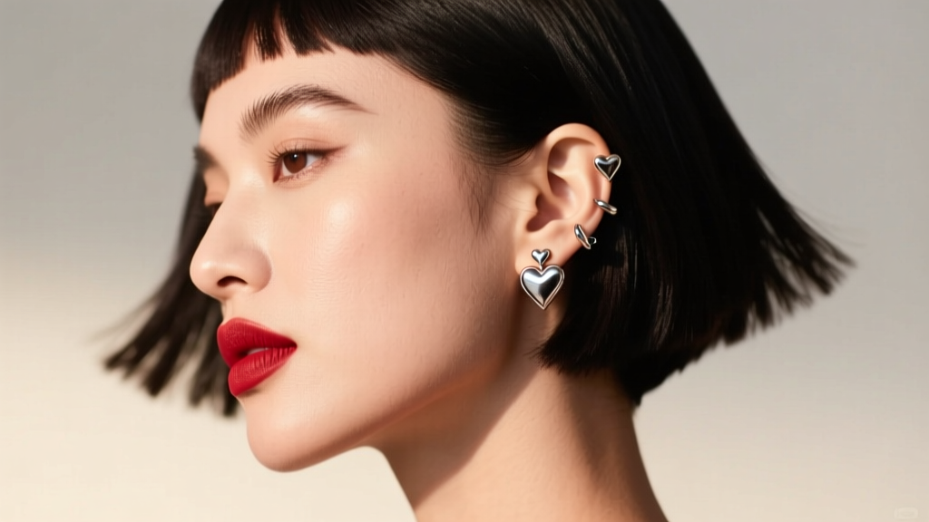 Profile portrait of a woman with a sleek bob haircut wearing 16-gauge titanium queen of hearts cartilage huggies and a red lip