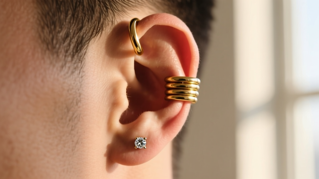 Side profile of a male ear with a curated cartilage stack, 14g gold helix hoop and threadless diamond conch stud, soft shadows