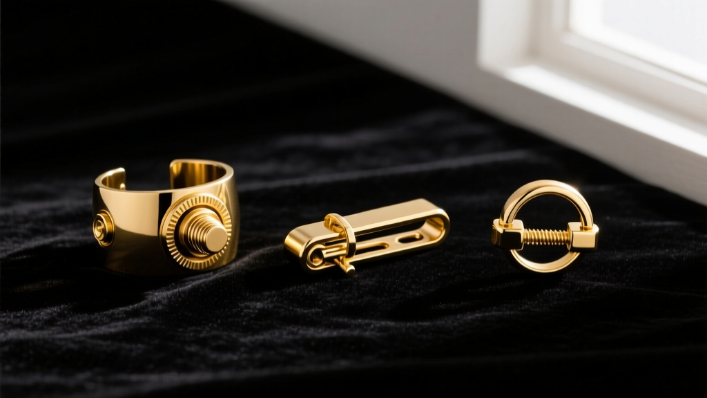 Flat lay of three gold bugadi mechanisms on black velvet: a screw-on cuff, a tension clip, and a 16-gauge hinged clicker ring.