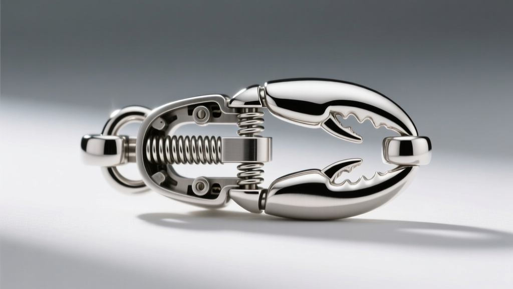 Extreme close-up of a disassembled sterling silver lobster clasp showing the tiny internal stainless steel spring and trigger.
