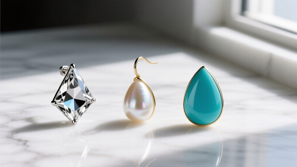 Three tear drop earring styles on marble: an angular diamond, a curved pearl drop, and a wide-bottom turquoise gemstone piece.