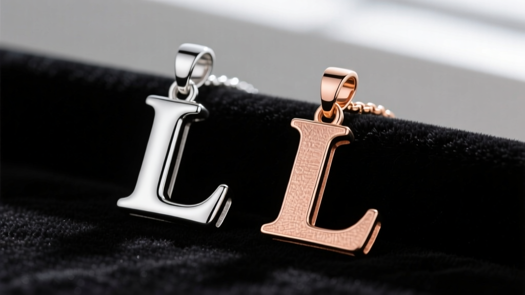 Macro shot of a high-polish sterling silver letter L pendant next to a brushed matte 18k rose gold letter L pendant on dark velvet.