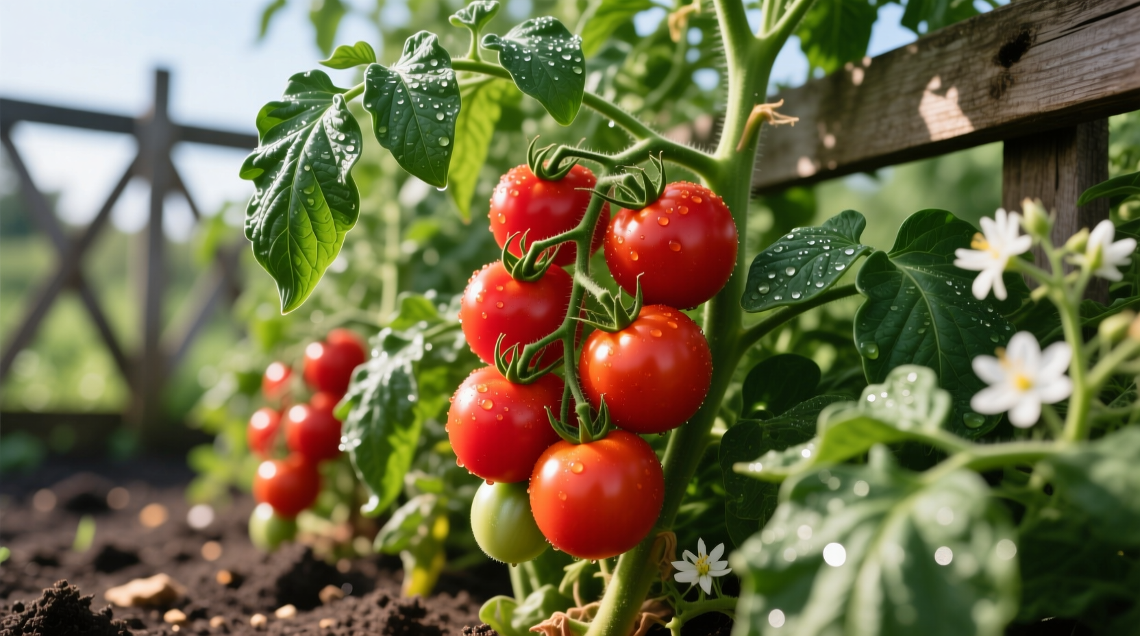 Healthy tomato plants with red fruits and green leaves