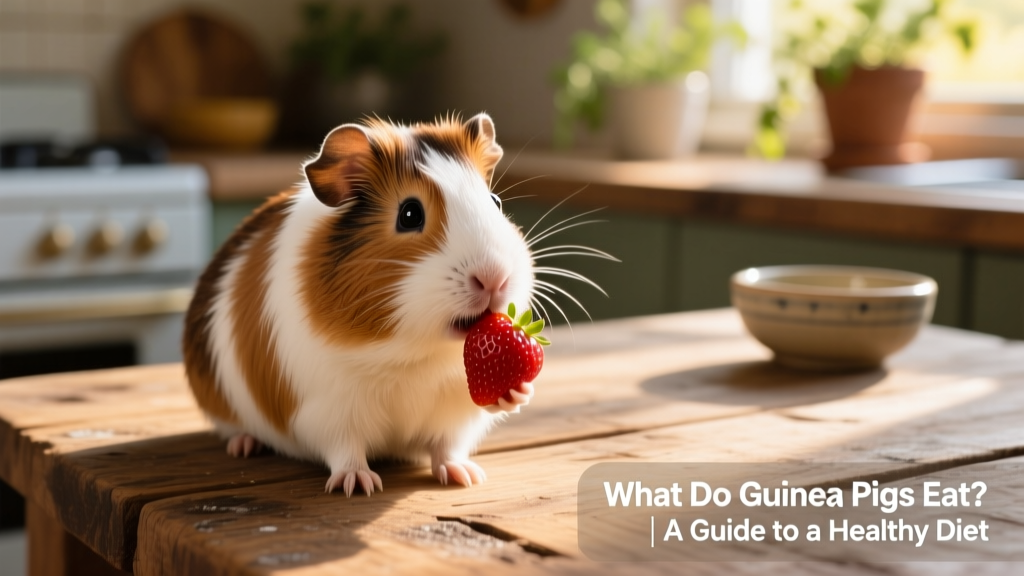 Guinea pig with brown and white fur eating strawberries on a wooden surface
