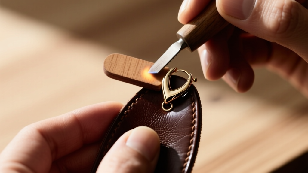 Close-up of a wooden slicker burnishing a dark brown leather earring edge, revealing a smooth, polished, and glossy finish