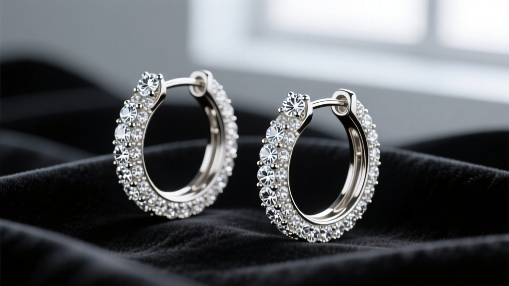 Macro shot of iced out hoop earrings with round moissanite stones in 14k white gold pave settings, resting on dark velvet fabric.