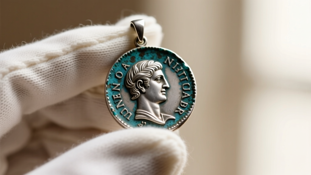 Macro shot of a worn Roman silver coin pendant showing preserved patina, held by cotton-gloved fingers against a blurred backdrop.